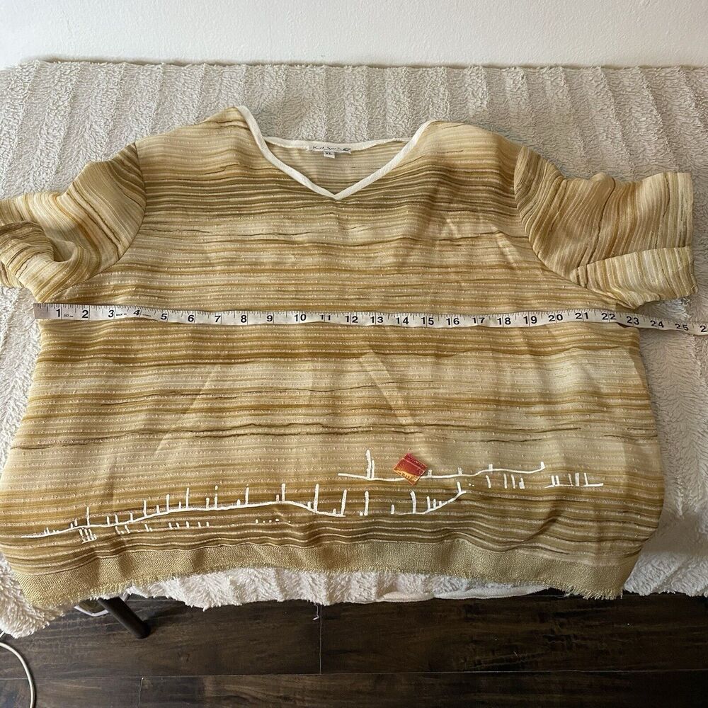 KD Spring Lagenlook Artsy Short Sleeve Top Tan V-Neck Shirt Lined Women’s XL‎ - Picture 11 of 16